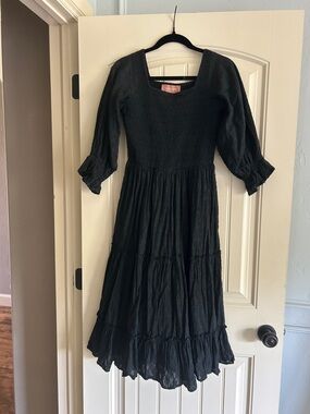 JessaKae Black Smocked Midi Dress with Puff Sleeves